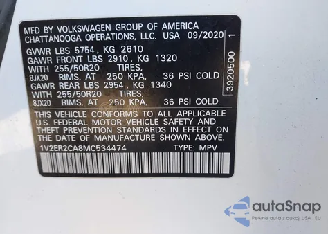 2021 Volkswagen Atlas 3.6L V6 Sel z USA, uszkodzony, nr VIN 1V2ER2CA8MC534474